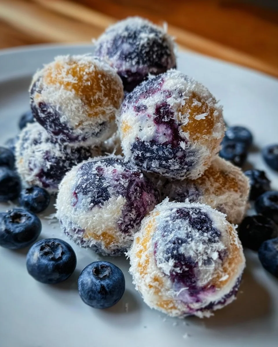 Blaubeer-Käsekuchen Proteinbällchen als gesunder Snack