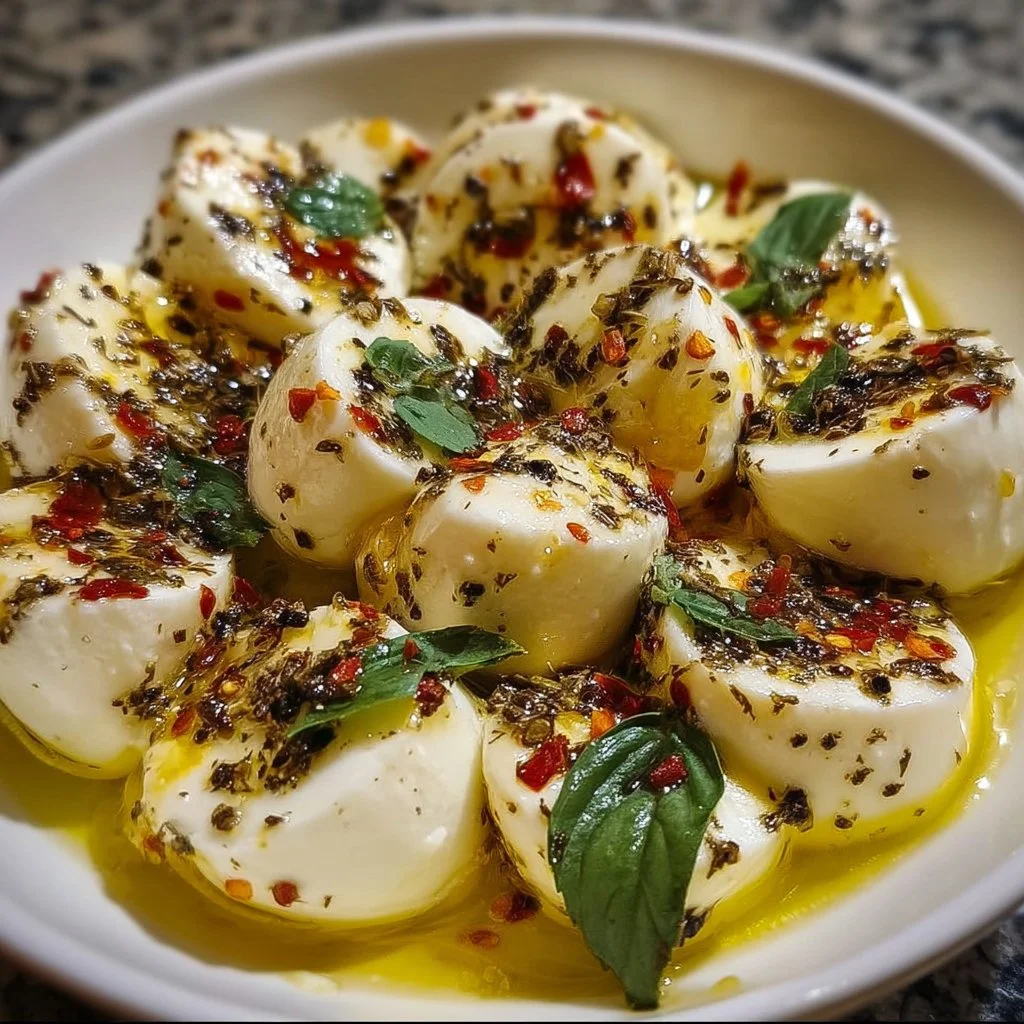 Eingelegter Mozzarella mit Kräutern und Gewürzen in einer Schüssel