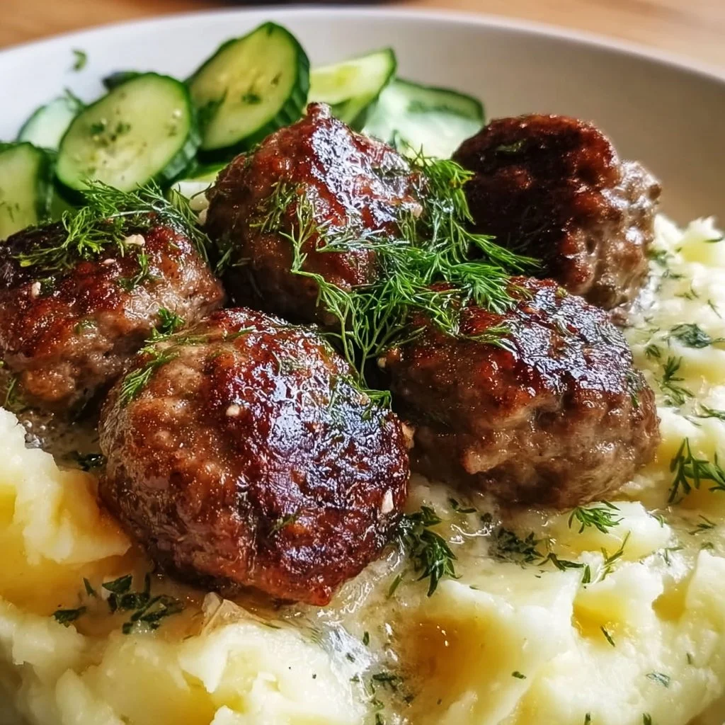 Fleischbällchen mit Gurkensalat und Kartoffelstampf
