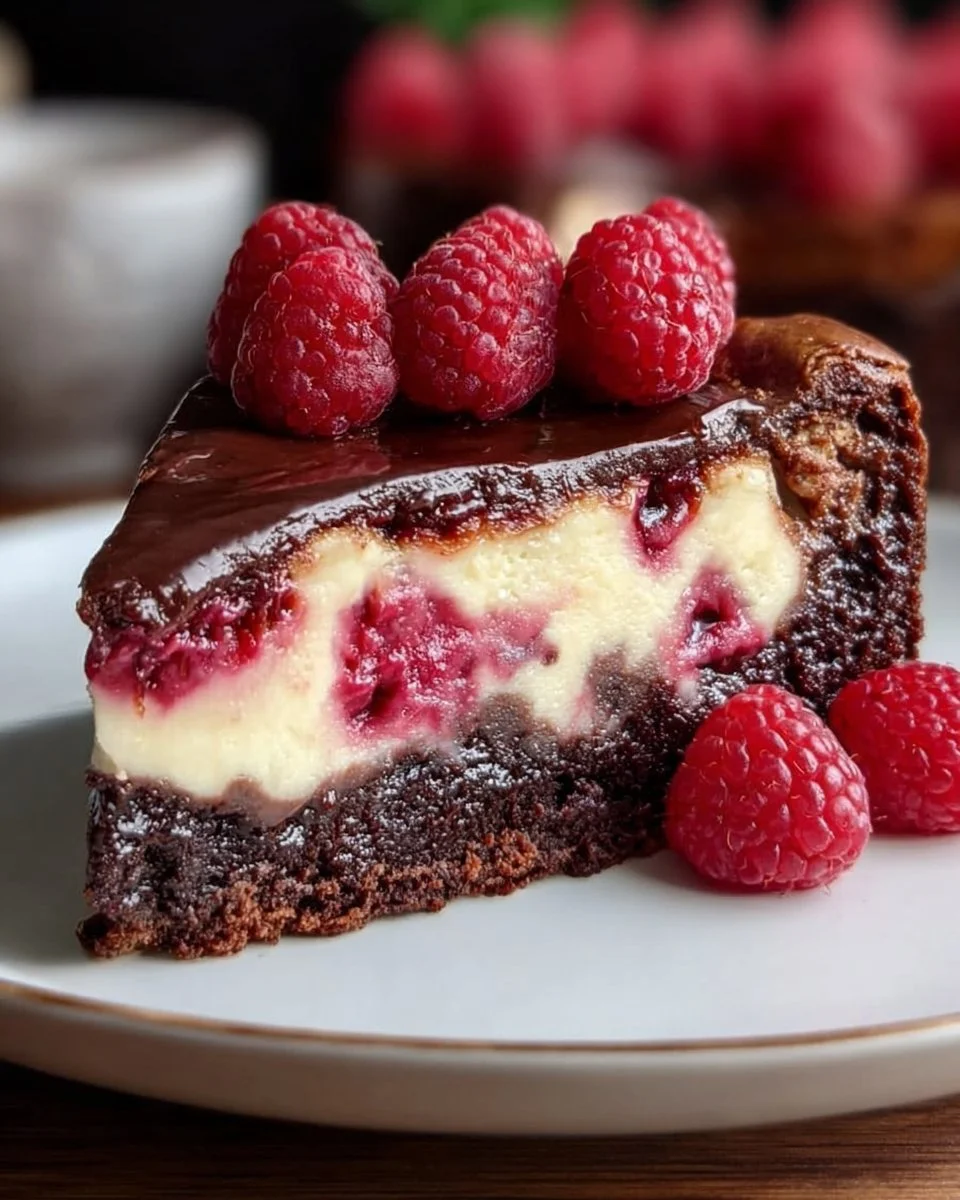 Himbeer-Brownie Cheesecake mit frischen Himbeeren und Schokolade