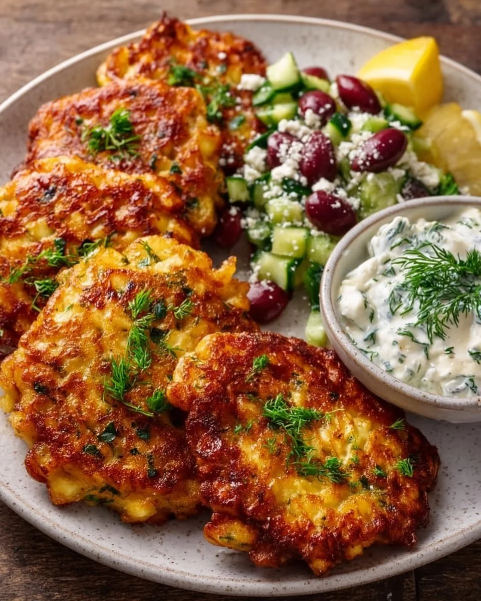 Knusprige Kartoffel-Feta-Puffer auf einem Teller mit Joghurt-Gurken-Sauce