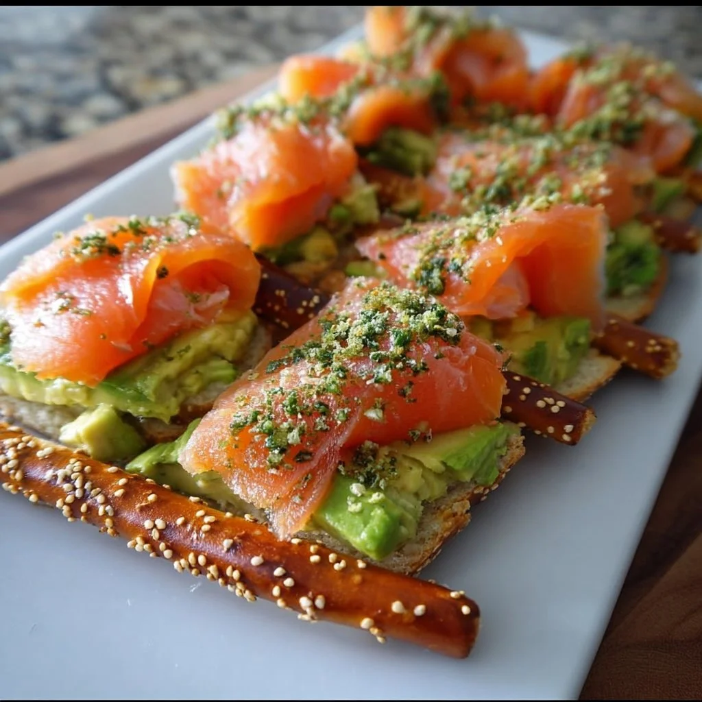 Lachs Avocado Laugenstange mit Topping auf einem Teller