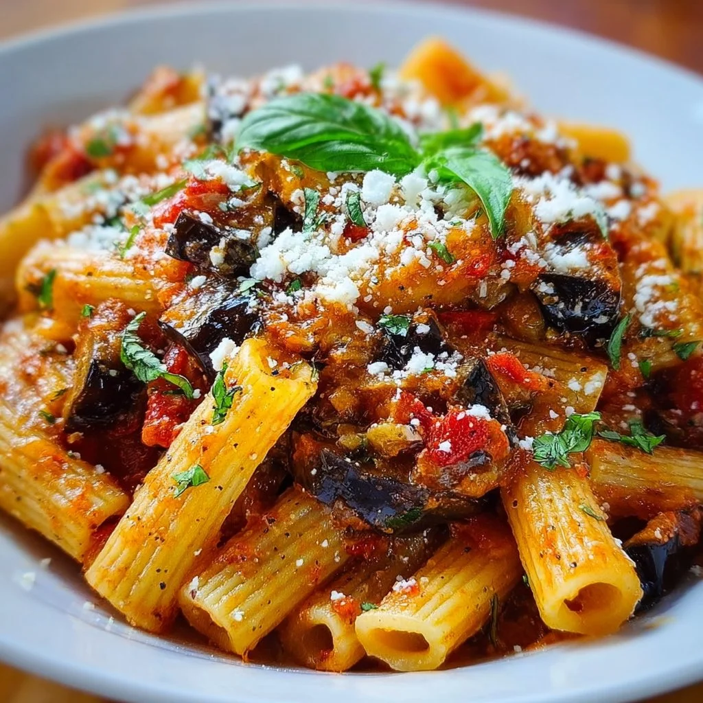 Nudeln alla Norma mit Auberginen und frischer Tomatensoße auf einem Teller