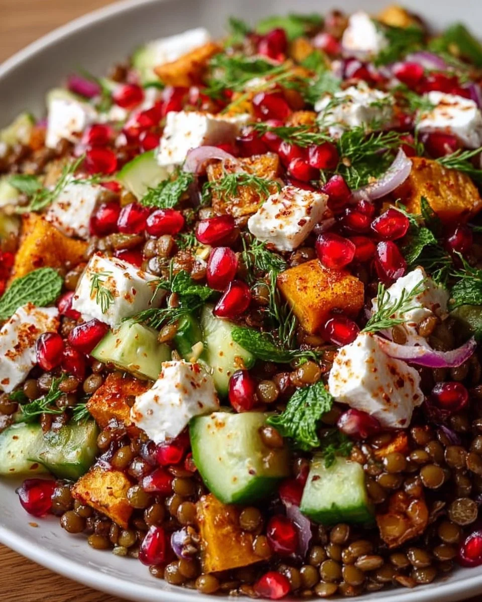 Orientalischer Linsensalat mit frischen Zutaten und Gewürzen