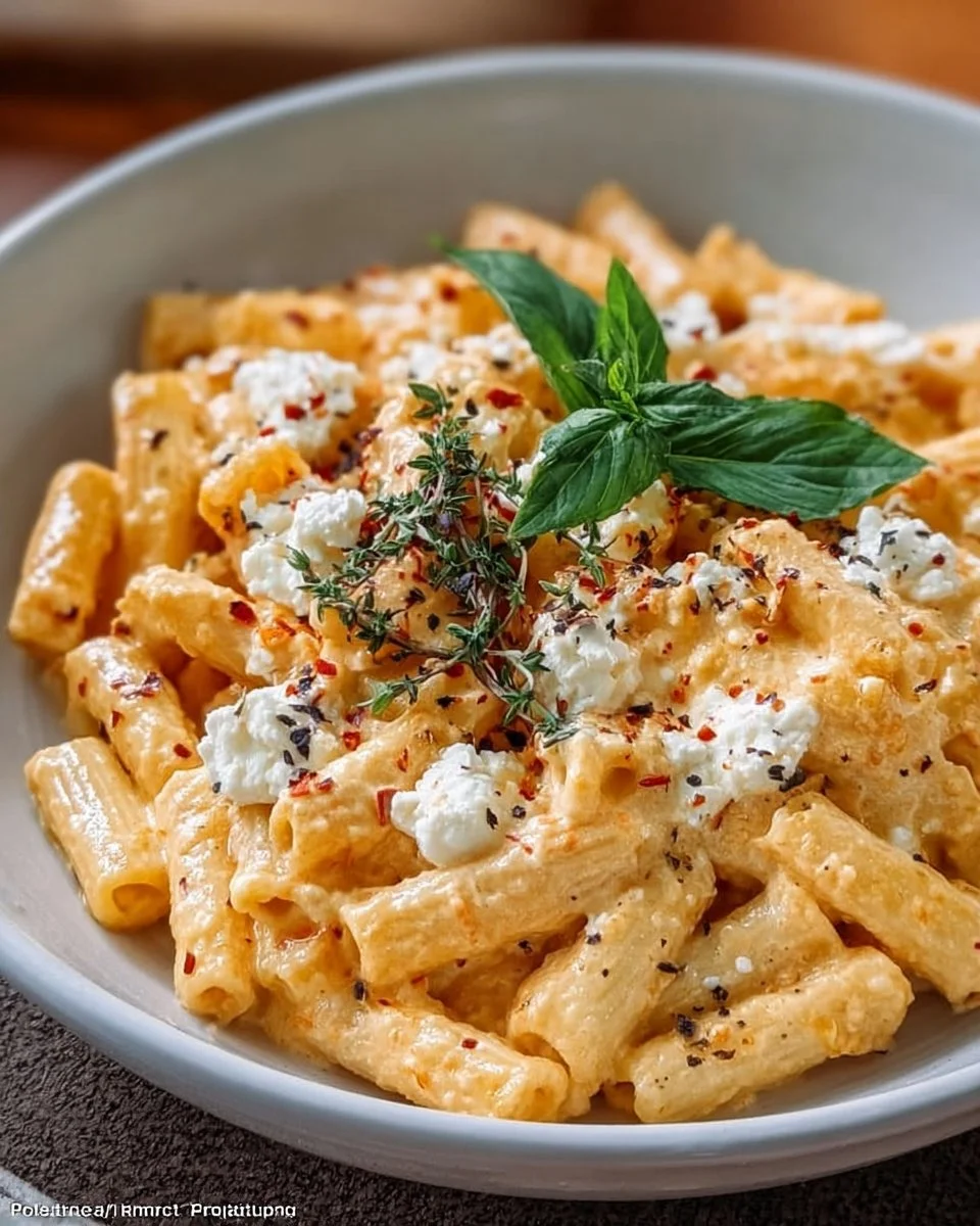 Proteinreiche Pasta mit Hüttenkäse auf einem Teller serviert