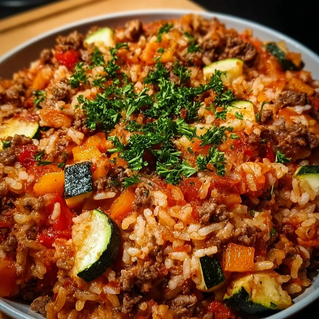 Reis-Hackfleisch-Pfanne mit Ajvar und Gemüse