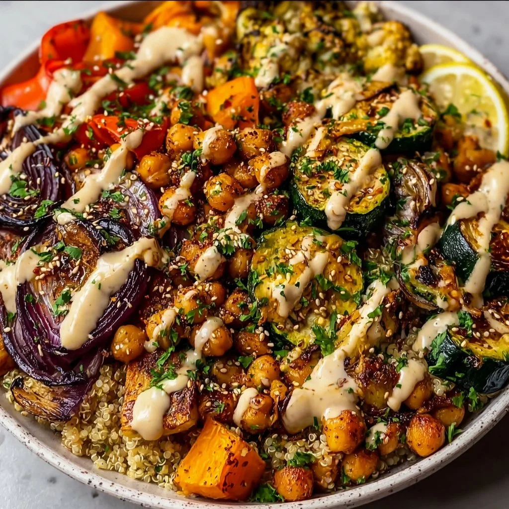 Schüssel mit geröstetem Gemüse und Kichererbsen