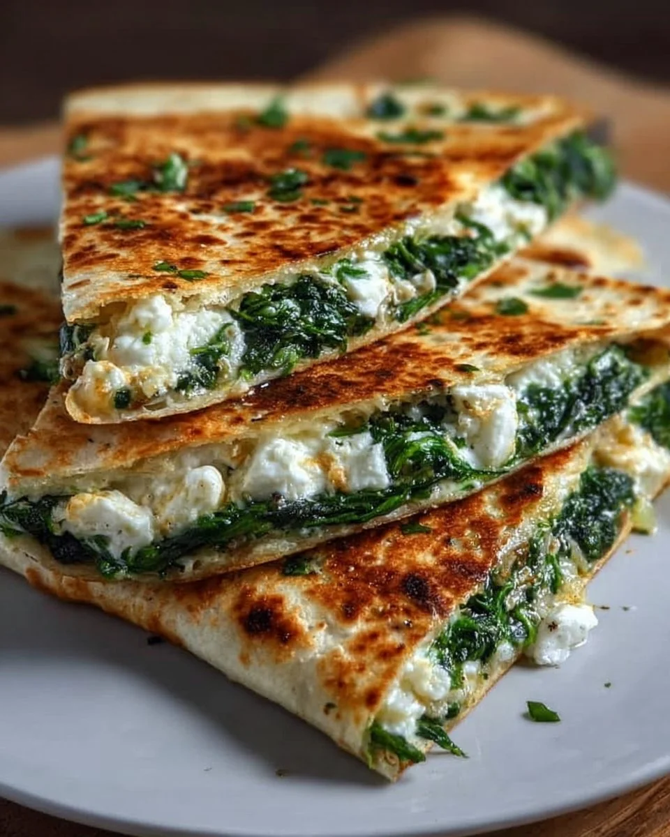 Spinat-Feta-Quesadillas auf einem Teller, köstlich und einfach zubereitet