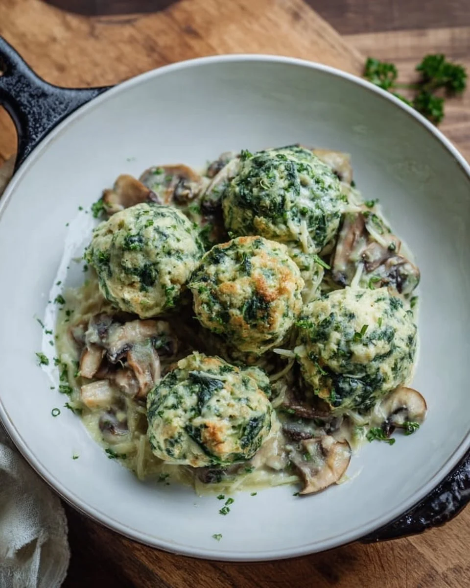 Spinatknödel mit Champignonsoße