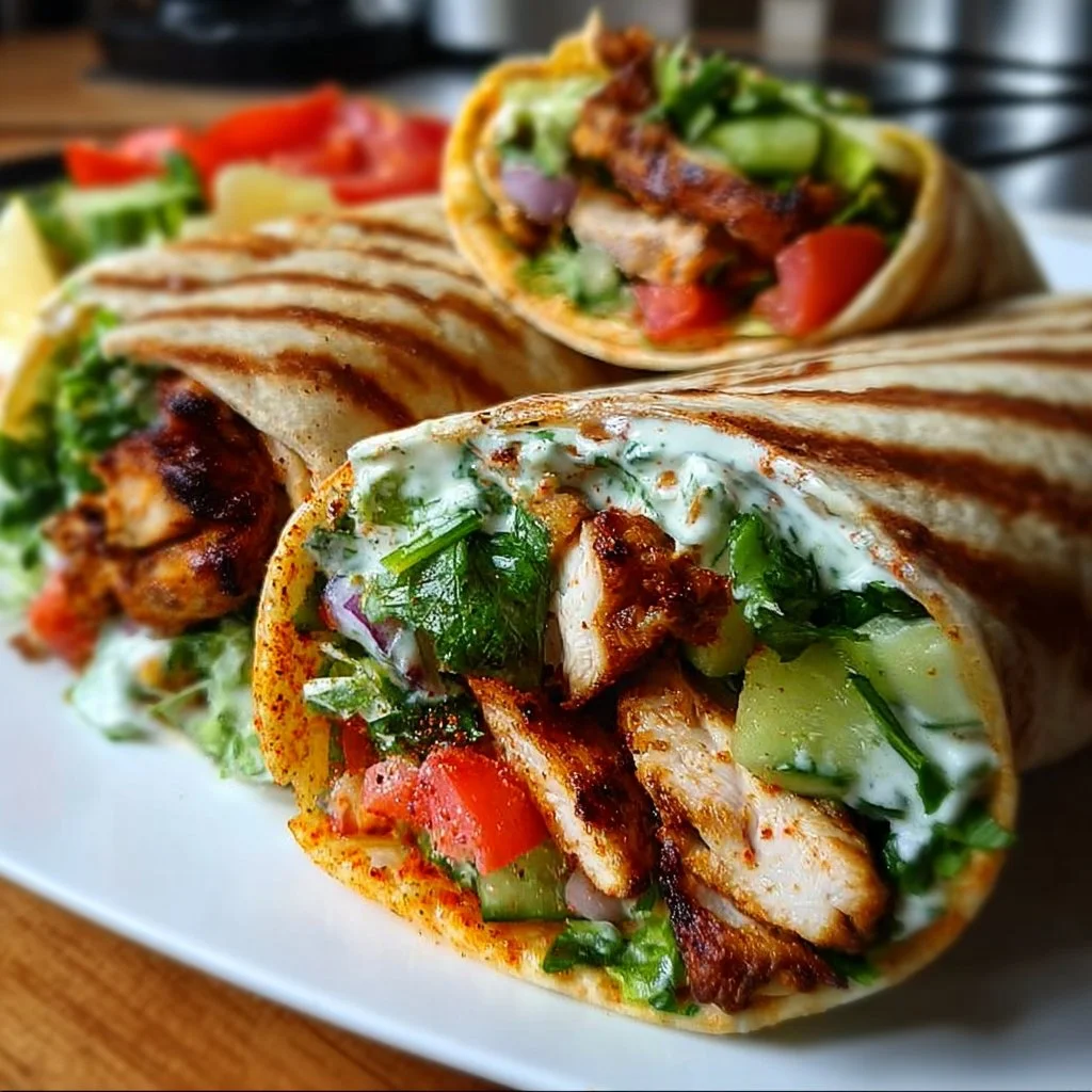 Würzige Hähnchen-Wraps mit schneller Soße auf einem Teller serviert