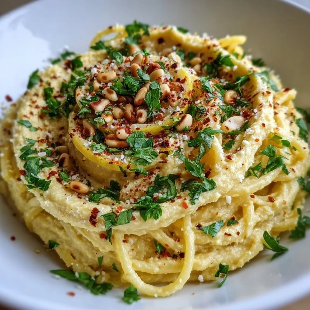 Zitronige Hummus-Pasta mit frischen Zutaten