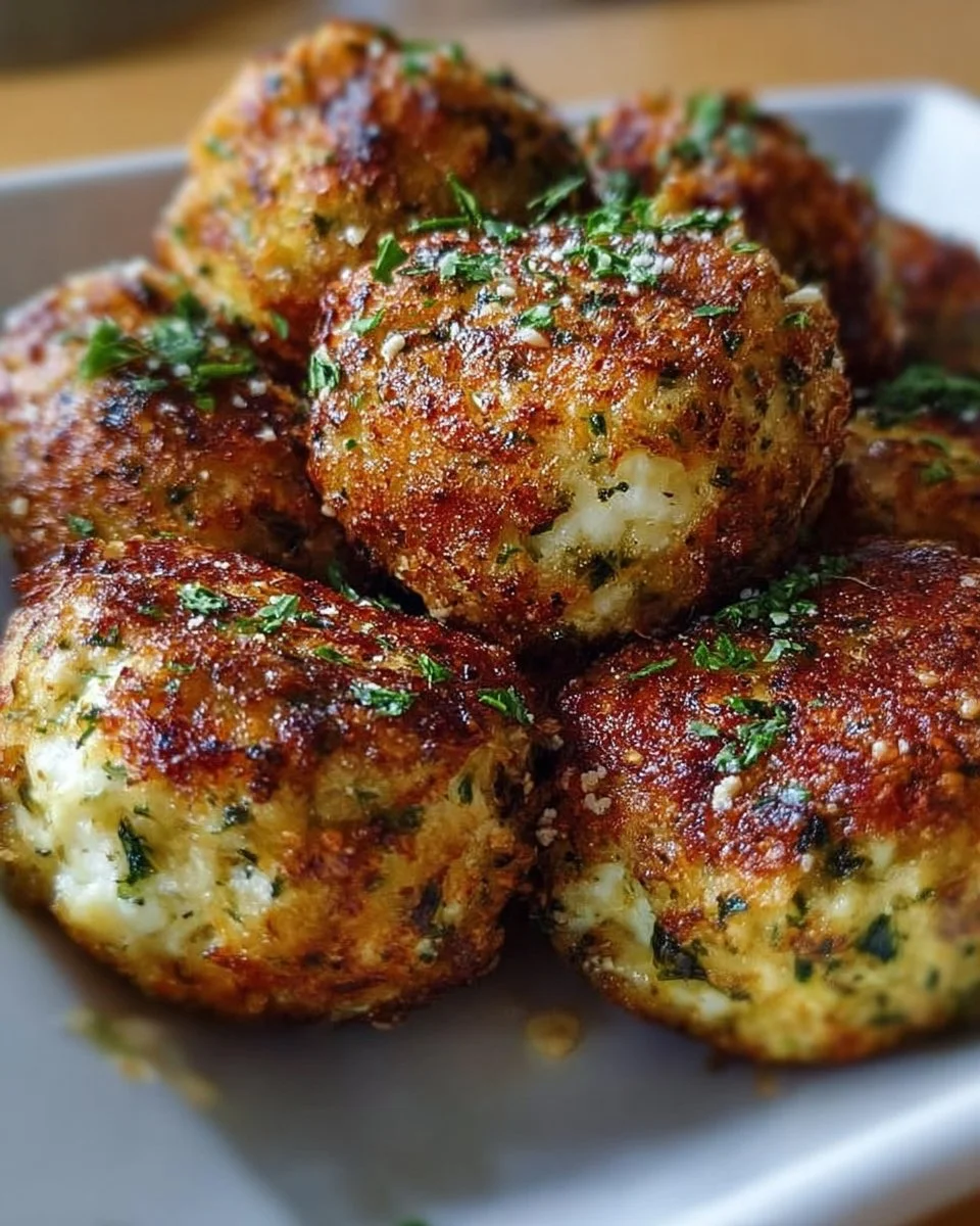Zucchini-Feta-Bällchen frisch gebraten auf einem Teller