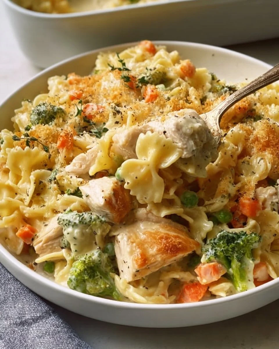 Cremige Hähnchen-Pot-Pie-Nudelauflauf