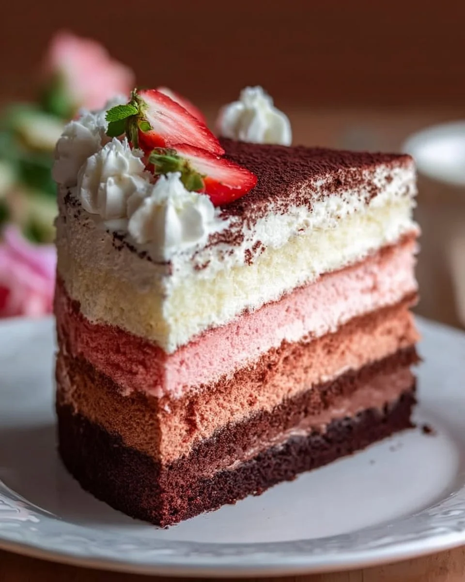 Dreischichtiger neapolitanischer Kuchen mit Schokolade, Vanille und Erdbeerfüllung