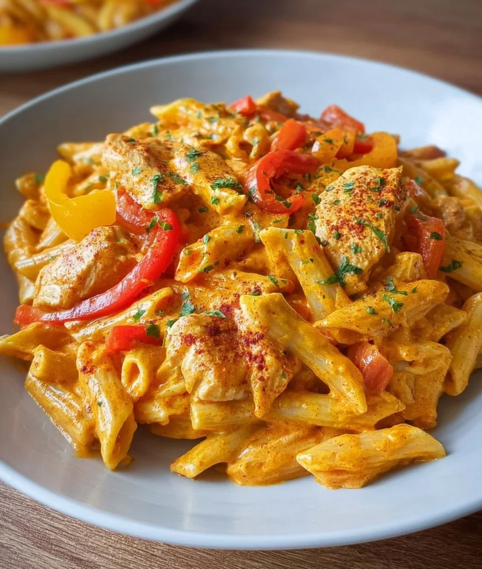 Noodles with chicken in creamy paprika sauce