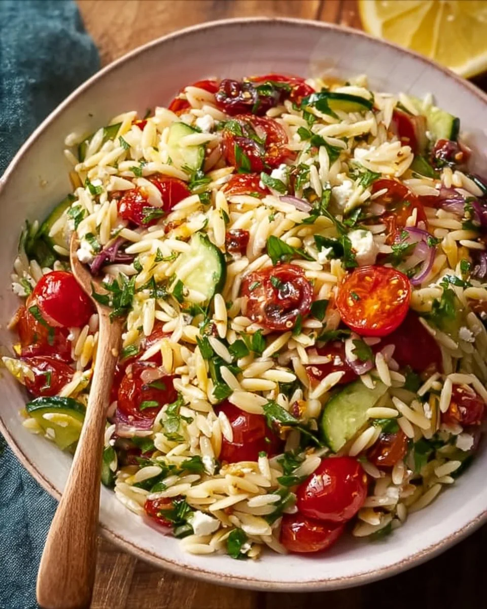 Leckerer Orzo-Salat mit Gemüse und Dressing auf einem Teller serviert