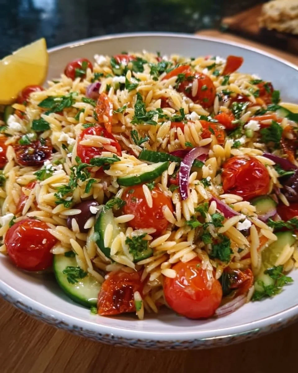 Leckerer Orzo-Salat mit frischen mediterranen Zutaten