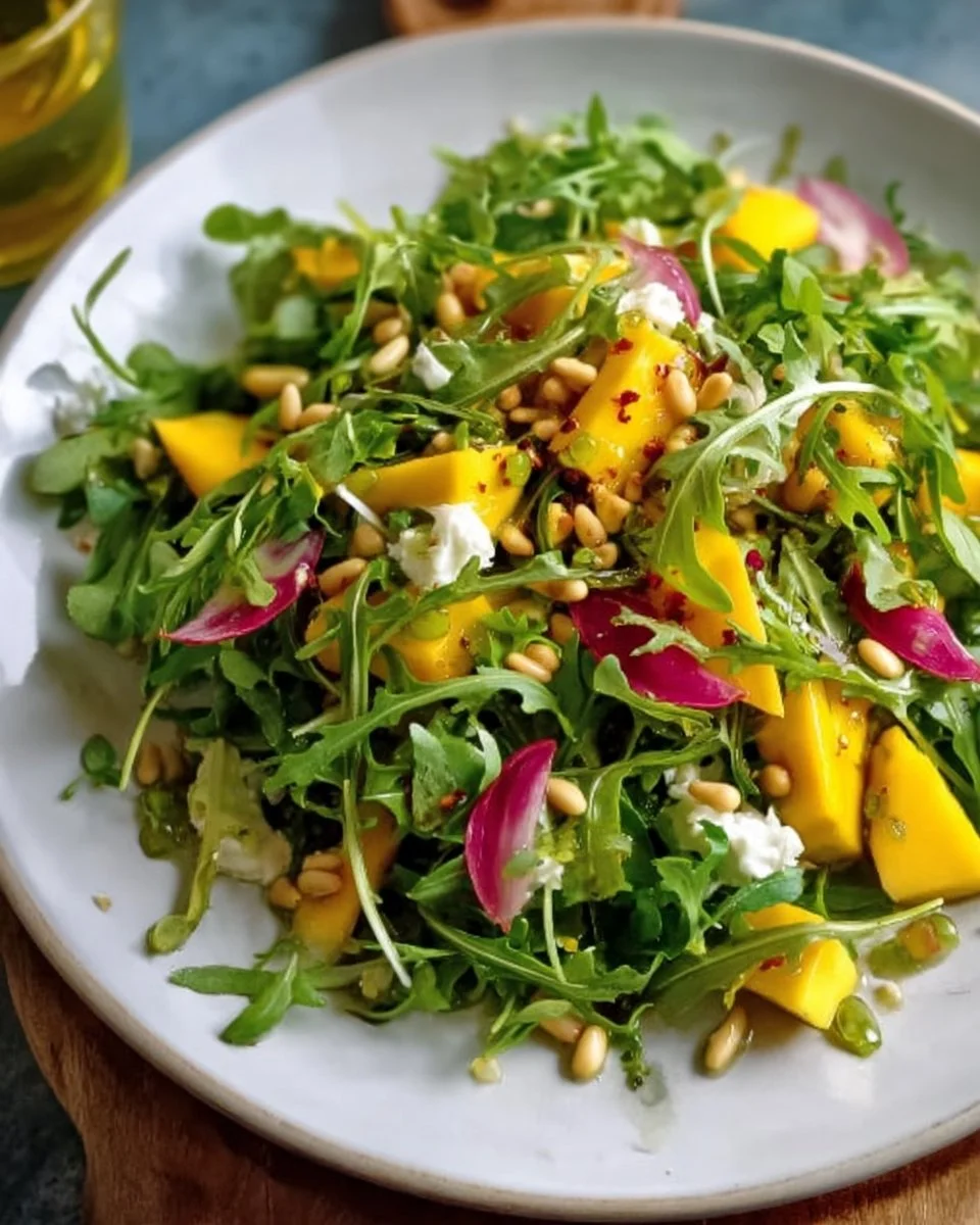 Frischer Rucola-Mango-Salat mit bunten Zutaten im Sommer