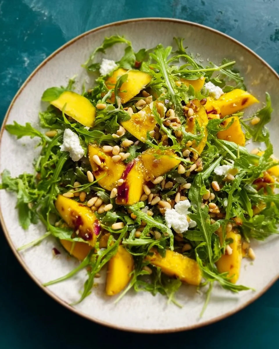 Frischer Rucola-Mango-Salat in einer Schüssel, ideal für den Sommer.