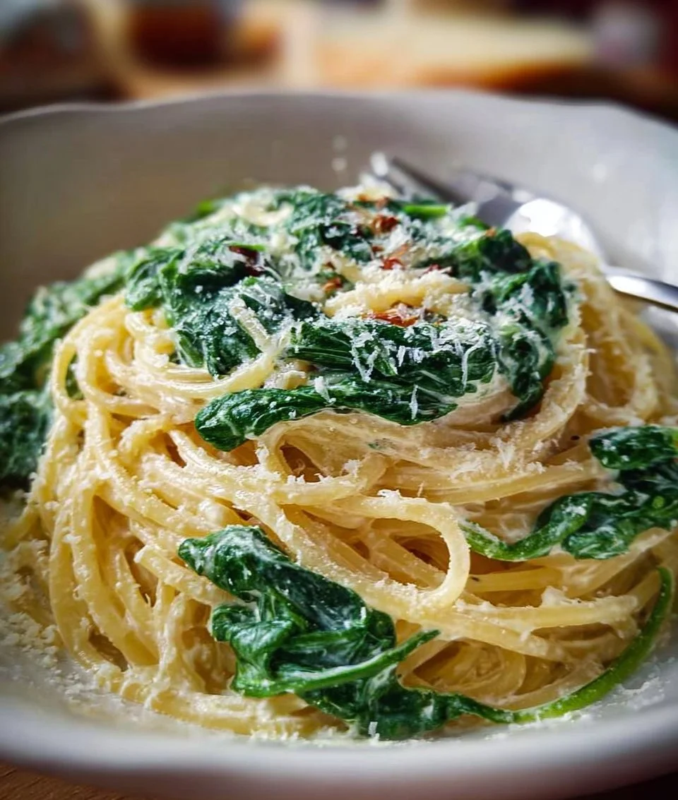 Spaghetti mit Spinat- Frischkäse-Sauce