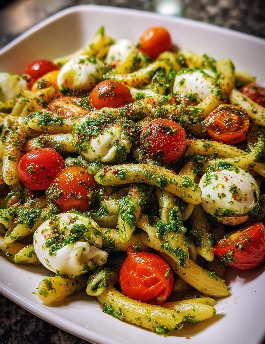 Bärlauch-Pesto-Nudeln mit Kirschtomaten und Mozzarella