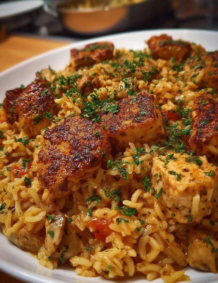 Bedecktes Hähnchen und Reis