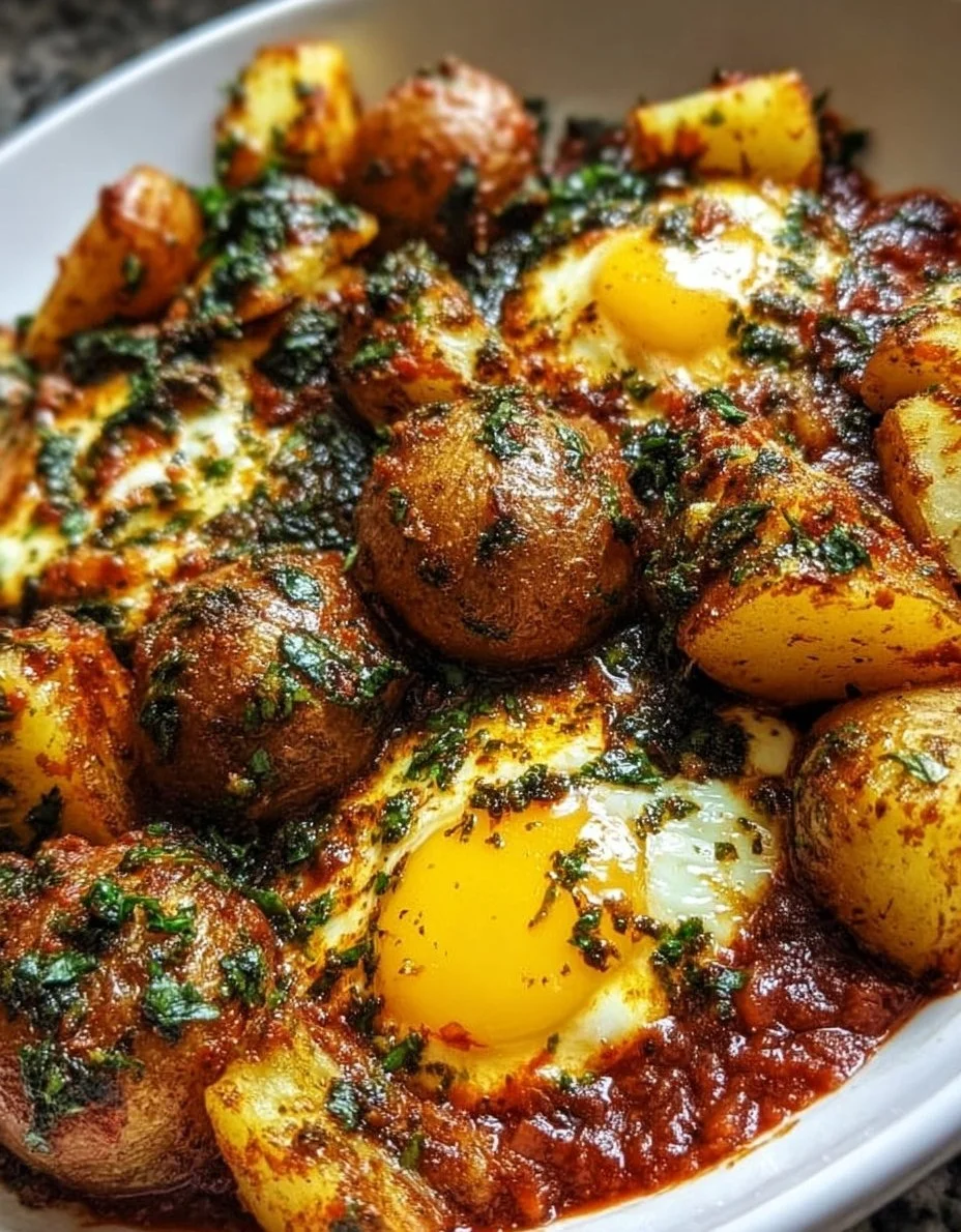 Ein-Topf würzige Eier und Kartoffeln