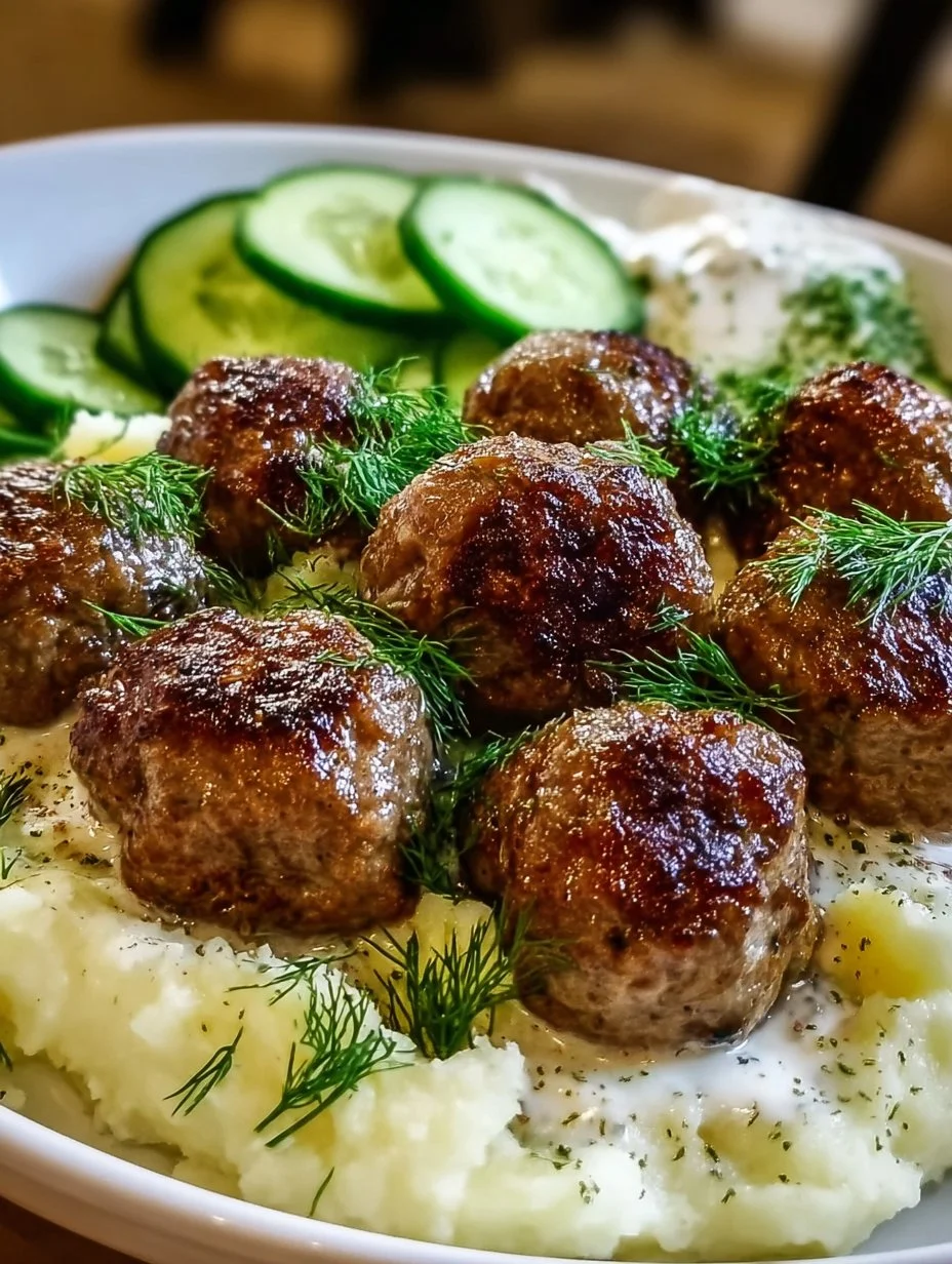 Fleischbällchen mit Gurkensalat und Kartoffelstampf