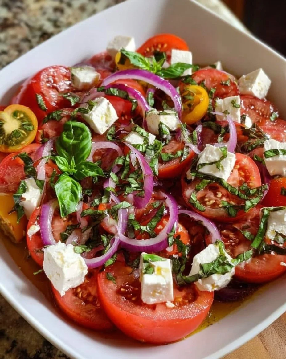 Frischer Tomatensalat mit Feta in einer bunten Schüssel