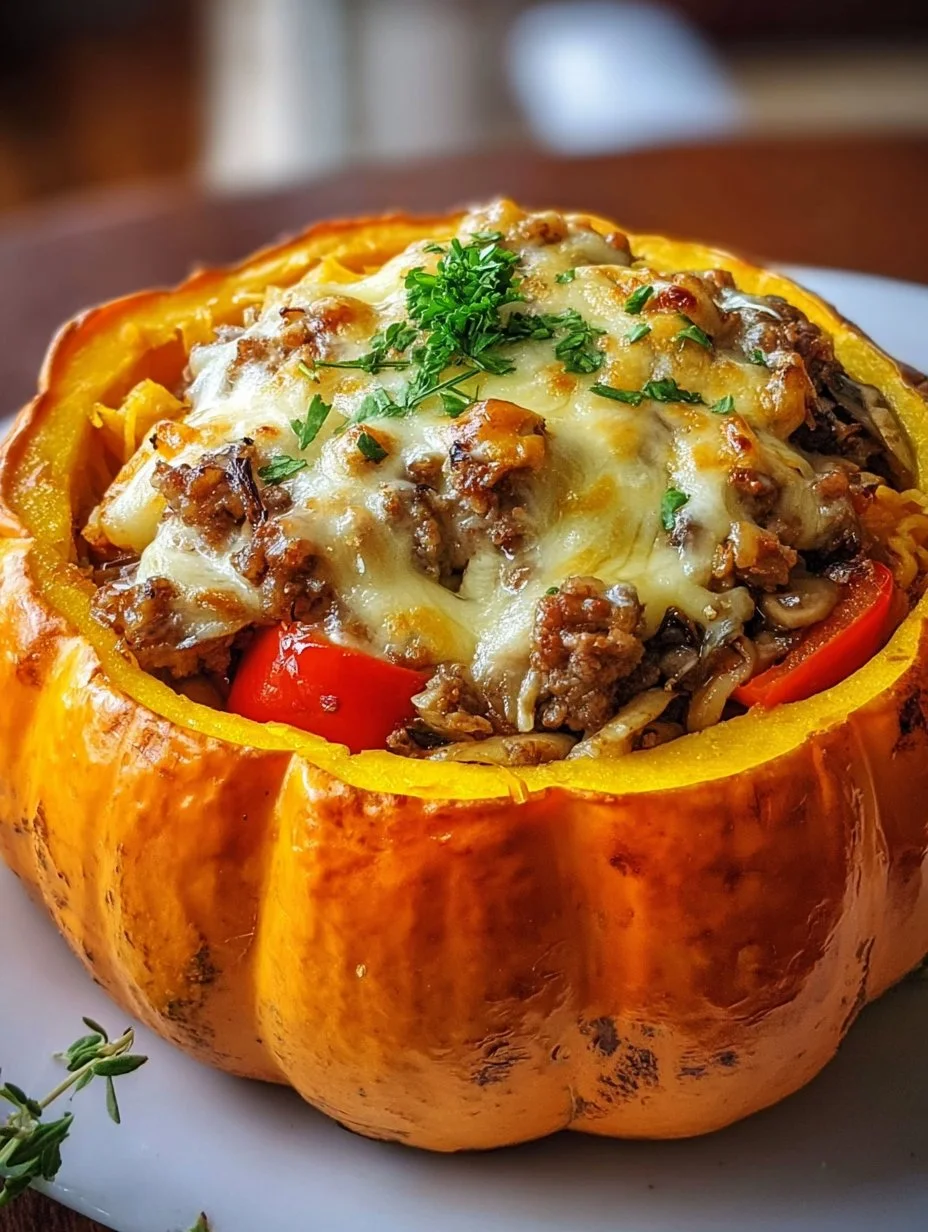 Gefüllter Kürbis mit Fleisch, Champignons, Paprika und Käse aus dem Ofen