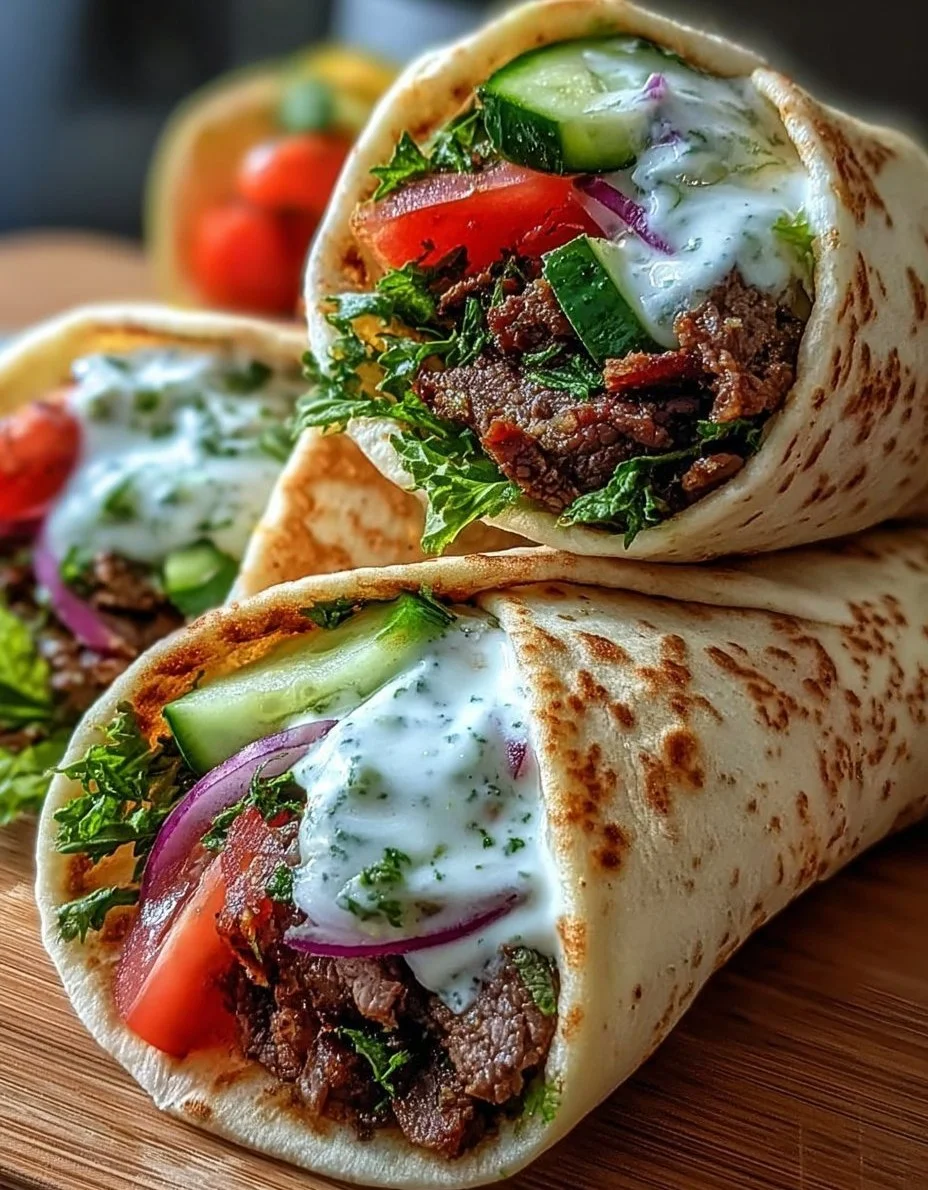 Griechische Rindfleisch-Wraps mit Knoblauch-Joghurt-Sauce