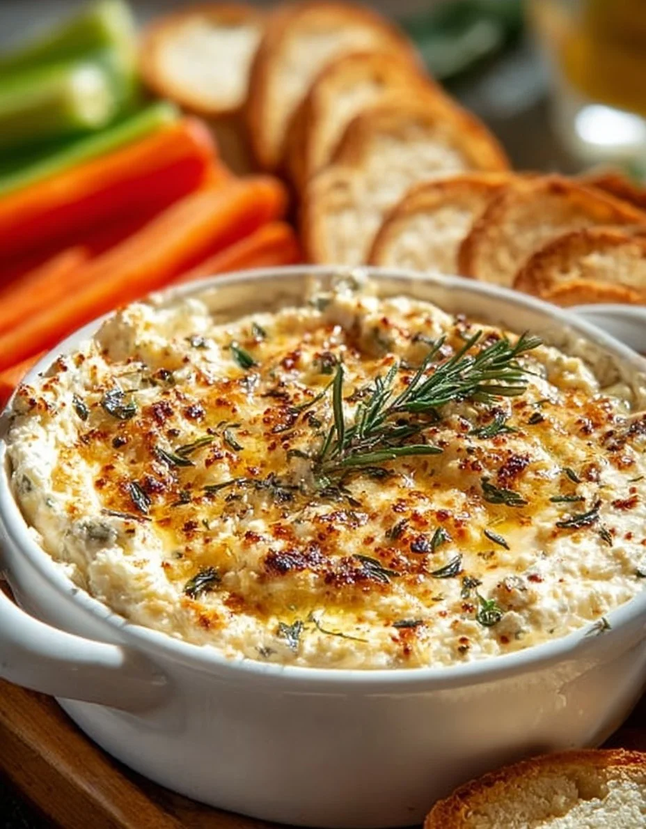 Heißer Honig Boursin Dip in einer Schüssel mit frischem Brot