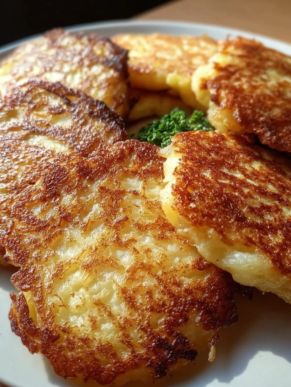 Fettfreie Kartoffelpuffer aus der Heißluftfritteuse auf einem Teller serviert.