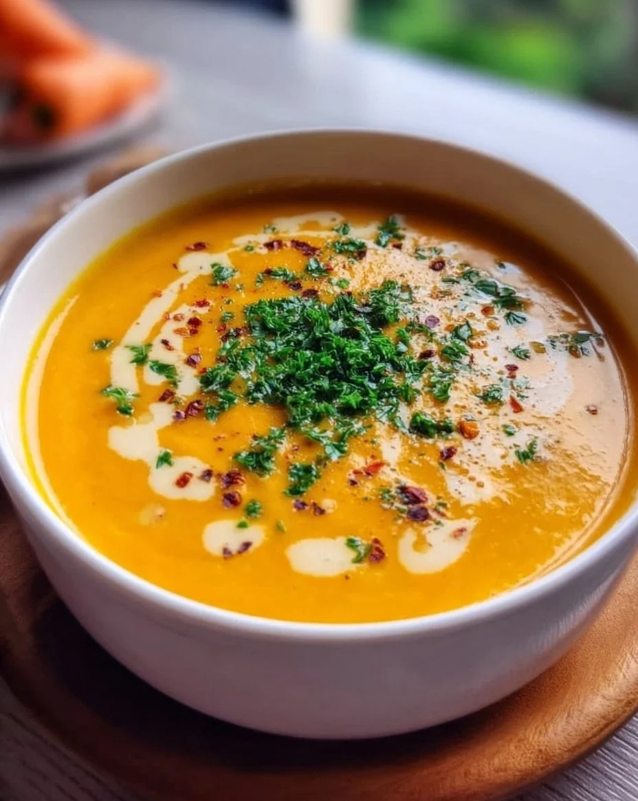 Kürbissuppe mit Kokosmilch und Karotten in einer Schüssel serviert