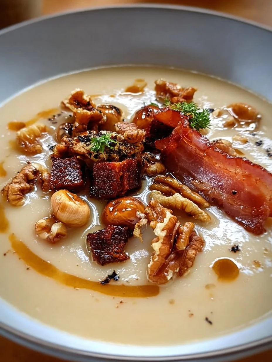 Maronensuppe mit karamellisierten Nüssen und Speck