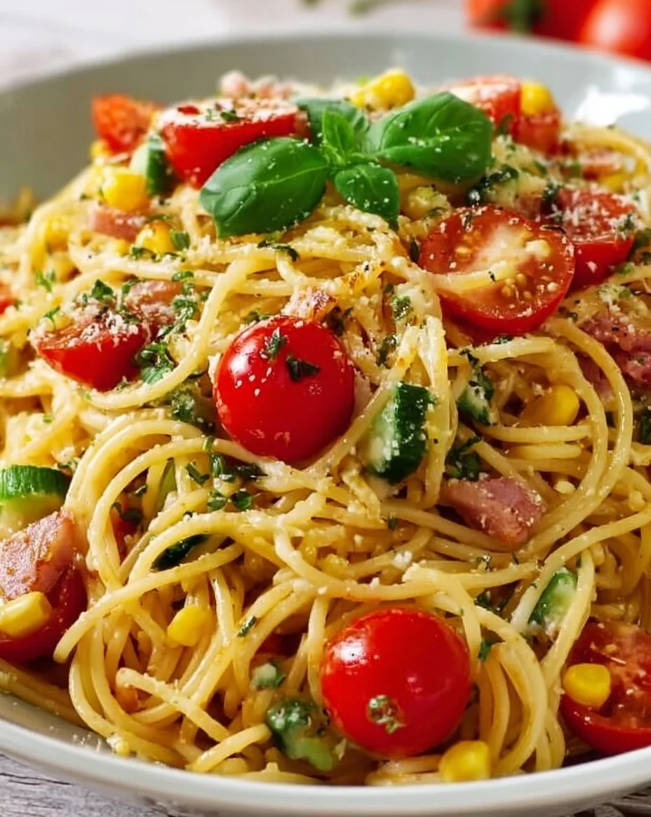 Spaghettisalat nach italienischer Art mit buntem Gemüse und Dressing