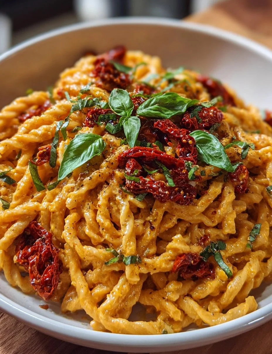 Vegane cremige Pasta mit sonnengetrockneten Tomaten