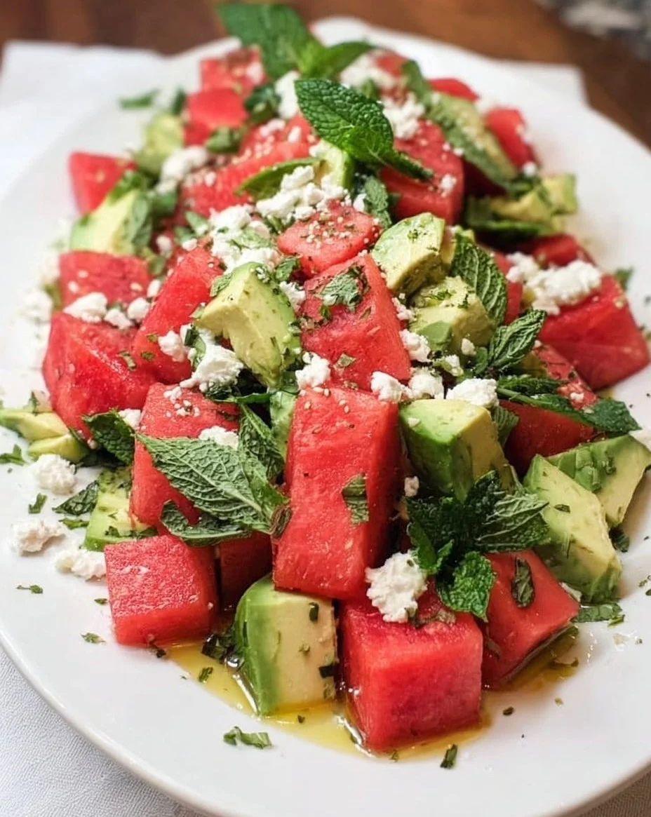 Wassermelonen Avocado Feta Salat mit frischen Zutaten auf einem Teller