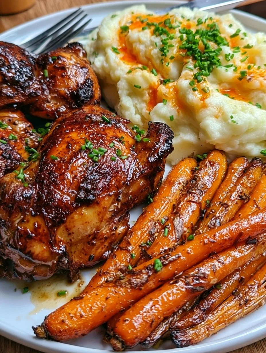 Knusprig-würziges Honighähnchen mit gerösteten Karotten und Schnittlauch-Kartoffelpüree