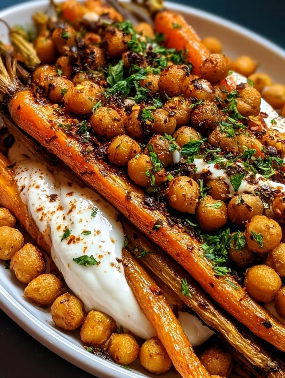 Würzige Ahorn-Röstkarotten mit knusprigen Kichererbsen und Joghurtsauce