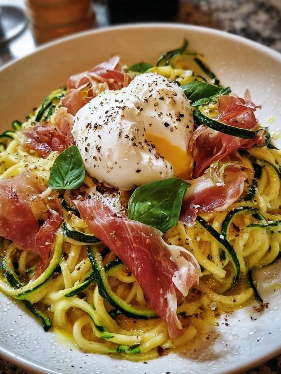 Zucchini Carbonara mit knusprigem Prosciutto und Burrata