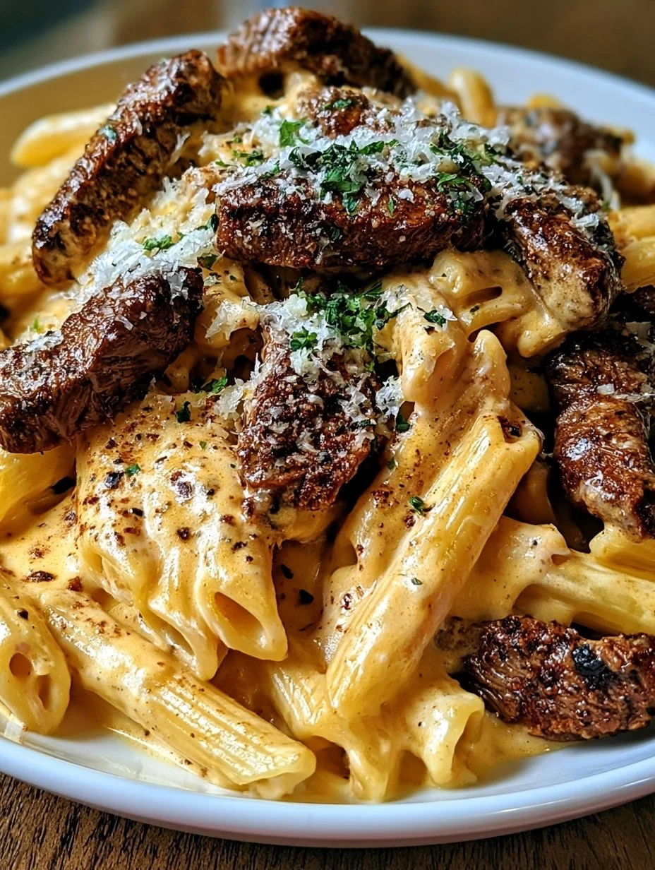 Cajun Steak Tipps mit Penne in cremiger Parmesan-Käsesauce