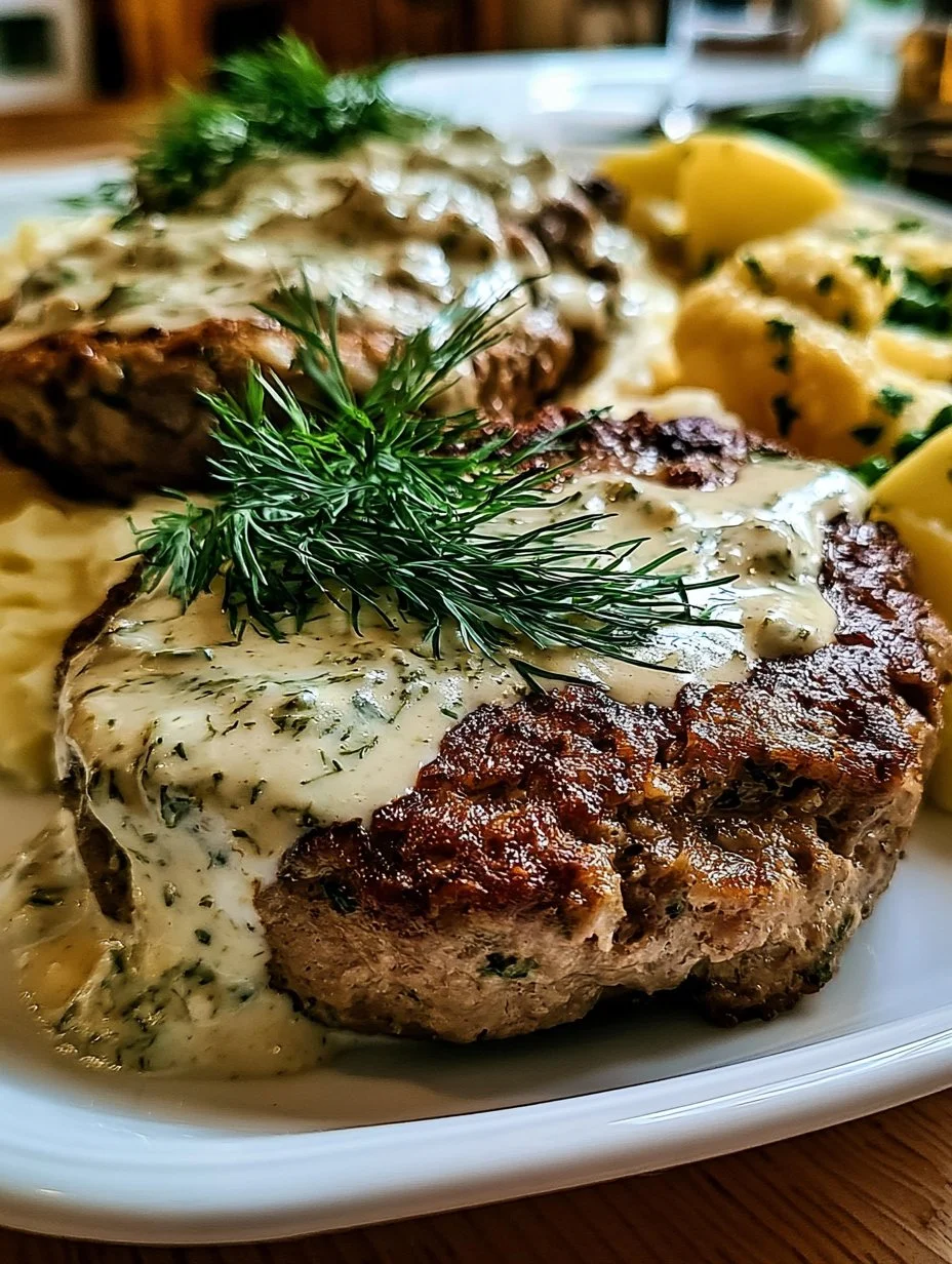 Herzhafte Hamburgersteaks in cremiger Dillsoße