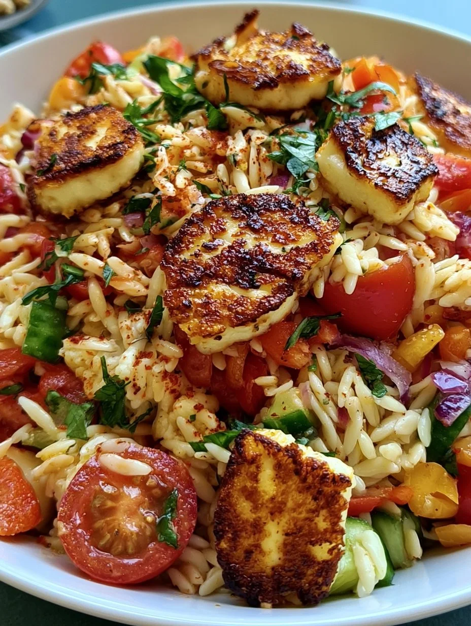 Kritharaki-Salat mit gebratenen Halloumi-Croutons