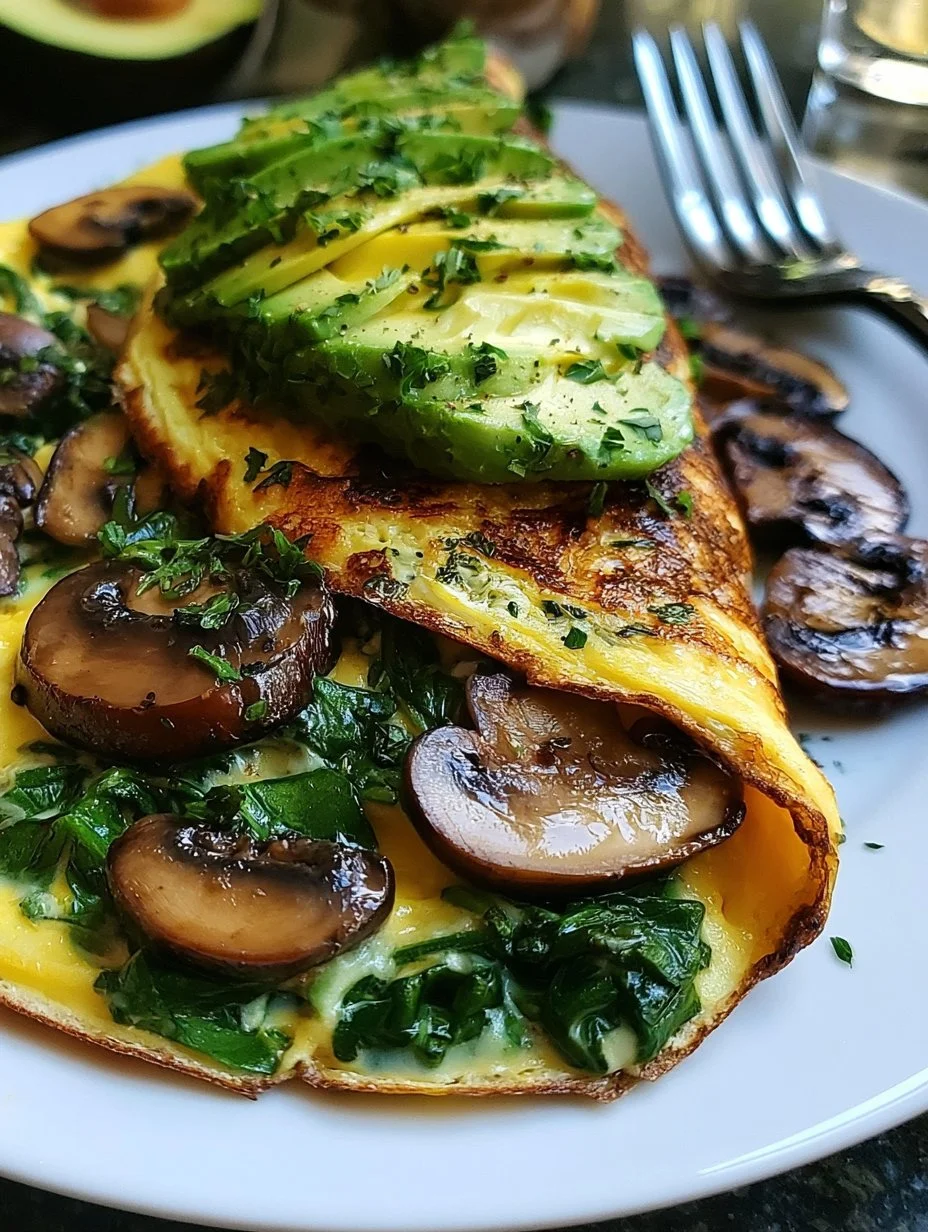 Omelett mit Pilzen, Spinat und Avocado