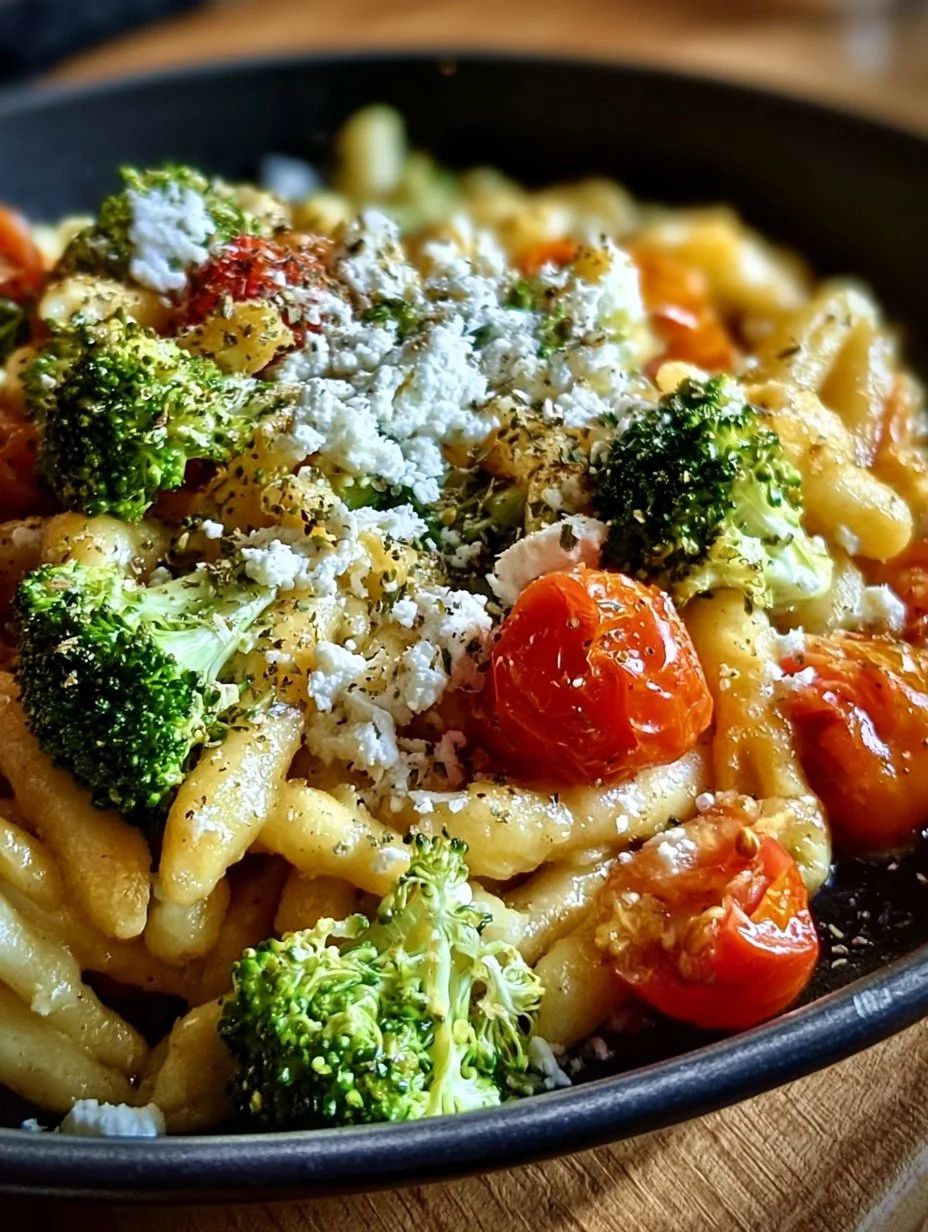 Schupfnudelpfanne mit Brokkoli, Feta und Tomaten