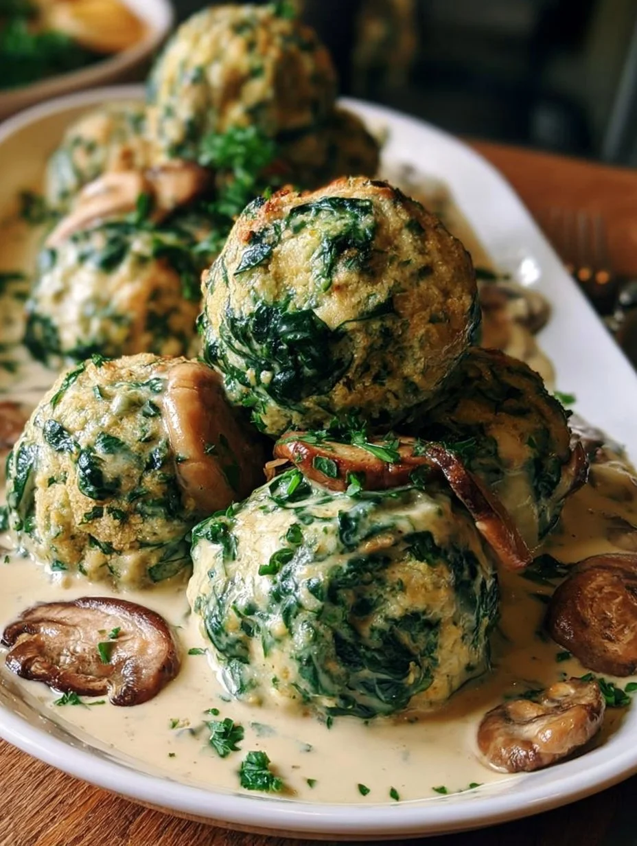 Spinatknödel mit cremigem Pilzrahm